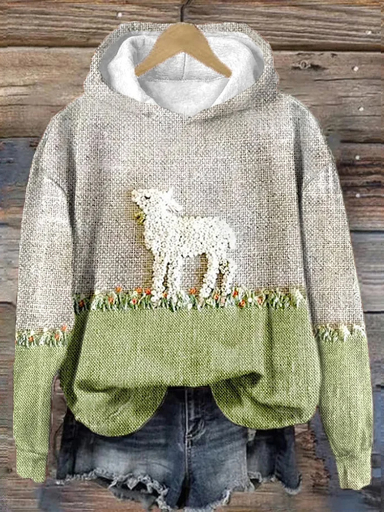 Women'S Sheep Printed Hooded Sweatshirt
