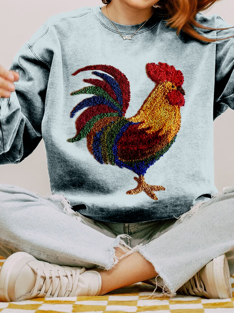 Fluffy Chicken Embroidery Art Vintage Cozy Sweatshirt