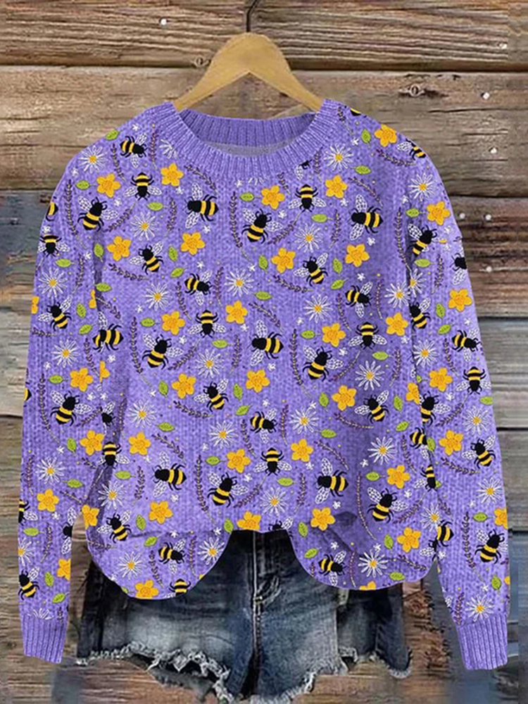 Women's Bees And Floral Round Neck Sweater
