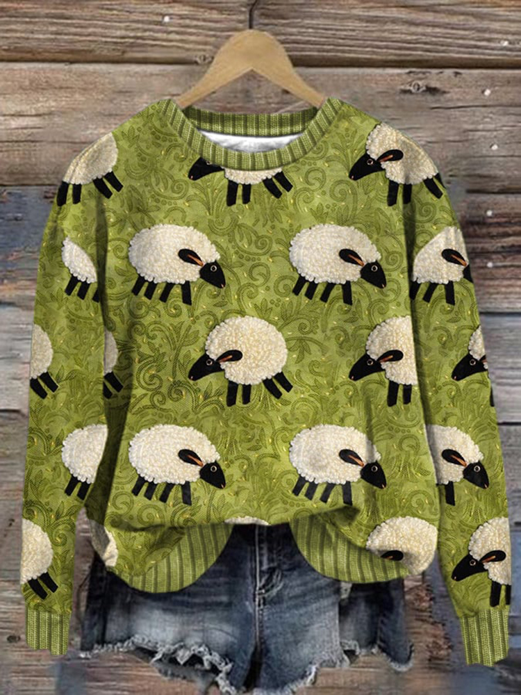 Cute Sheep Print Print Crew Neck Long Sleeve Sweatshirt