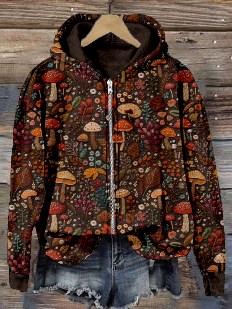 Floral and Mushroom Embroidery Art Comfy Zip Up Hoodie
