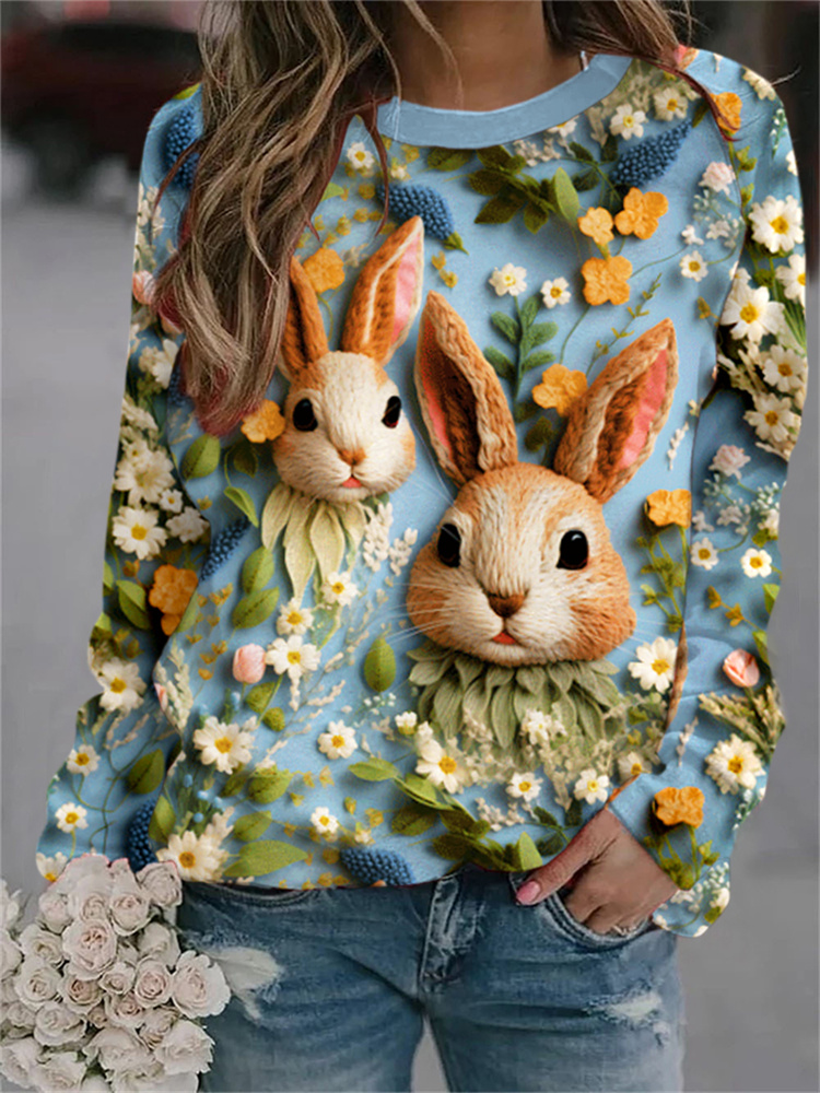 Floral & Bunny Print Crew Neck Sweatshirt
