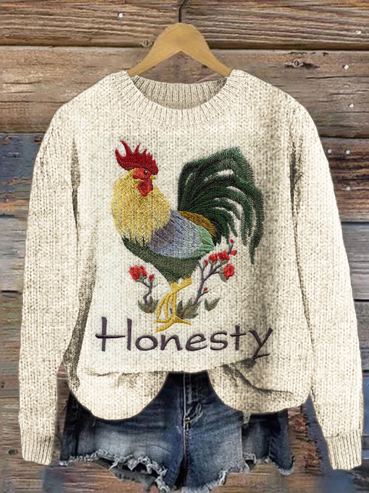 Honesty Rooster Embroidery Art Crew Neck Knit Sweater