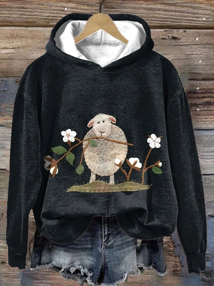 Women's Animal Sheep And Floral Art Casual Print Hoodie