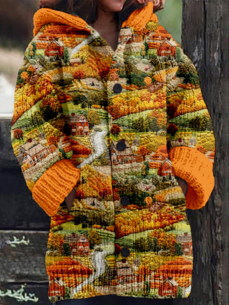 Vintage Farmland Embroidery Art Cozy Hooded Cardigan