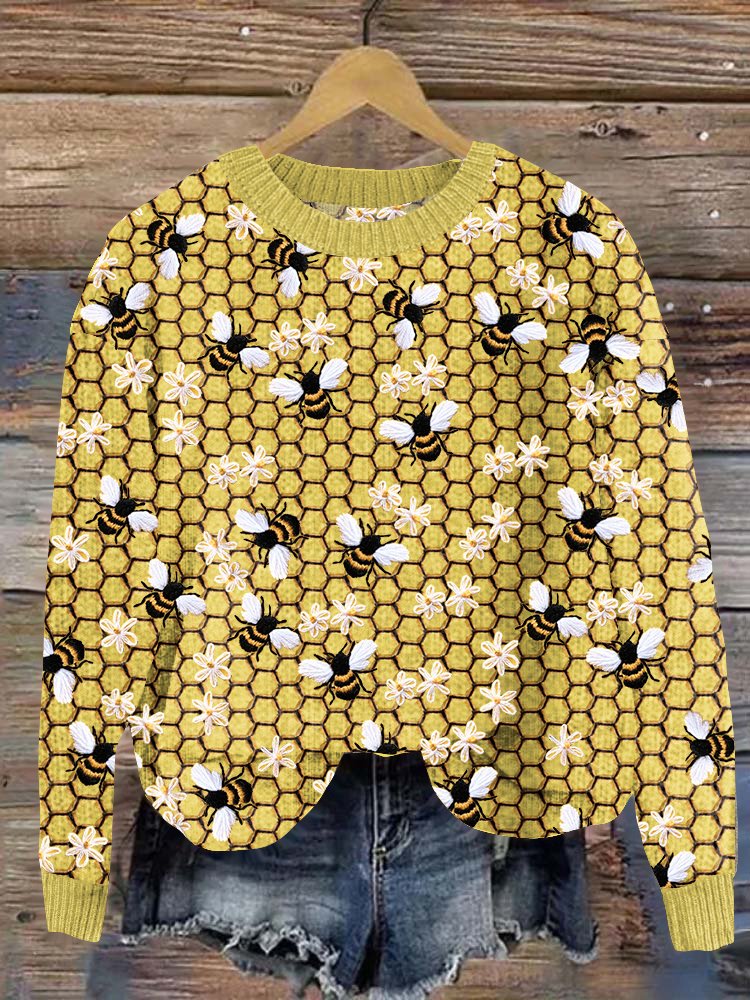 Fun Bee Knit Art Cozy Crew Neck Sweater