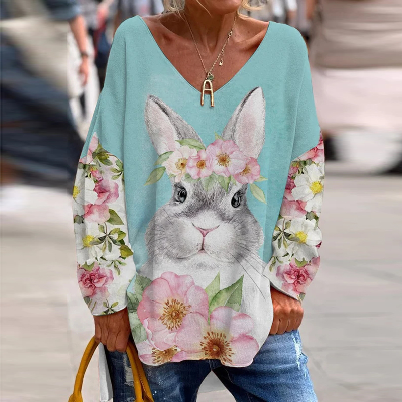 Women's Farm Floral Bunny Print V-Neck Slit Top