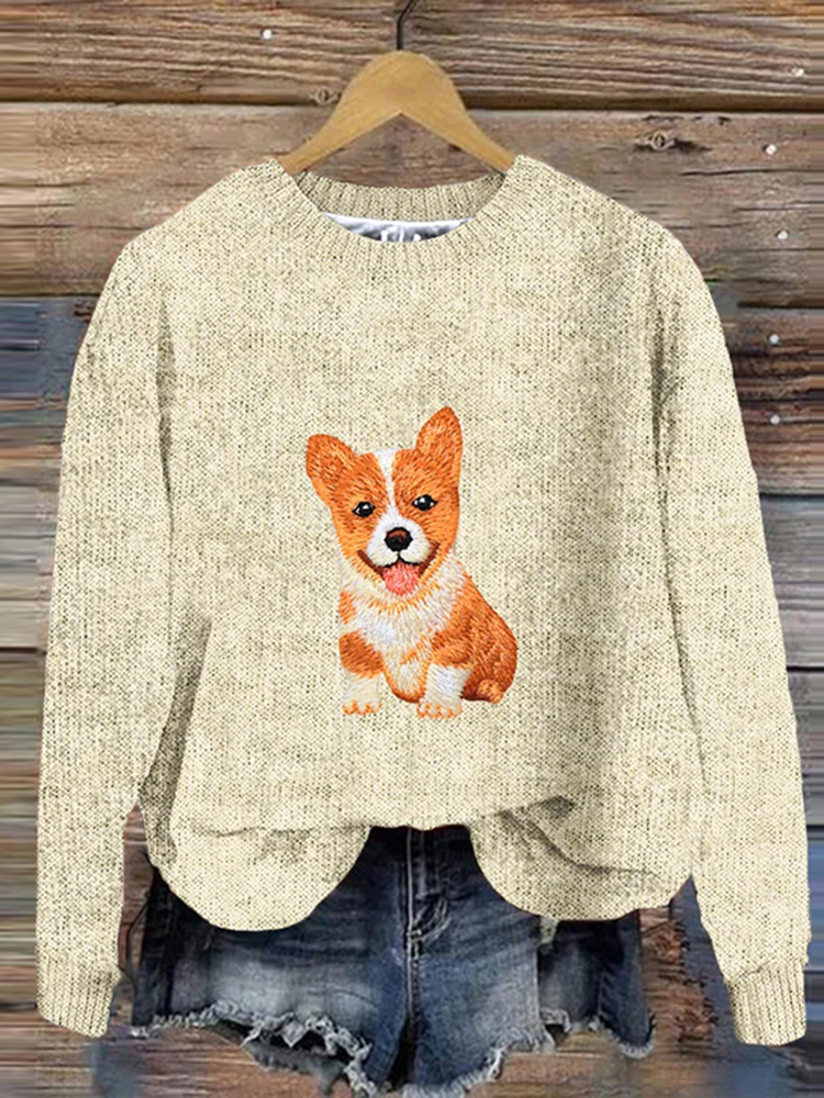 Women'S Dog Print Crew Neck Sweater