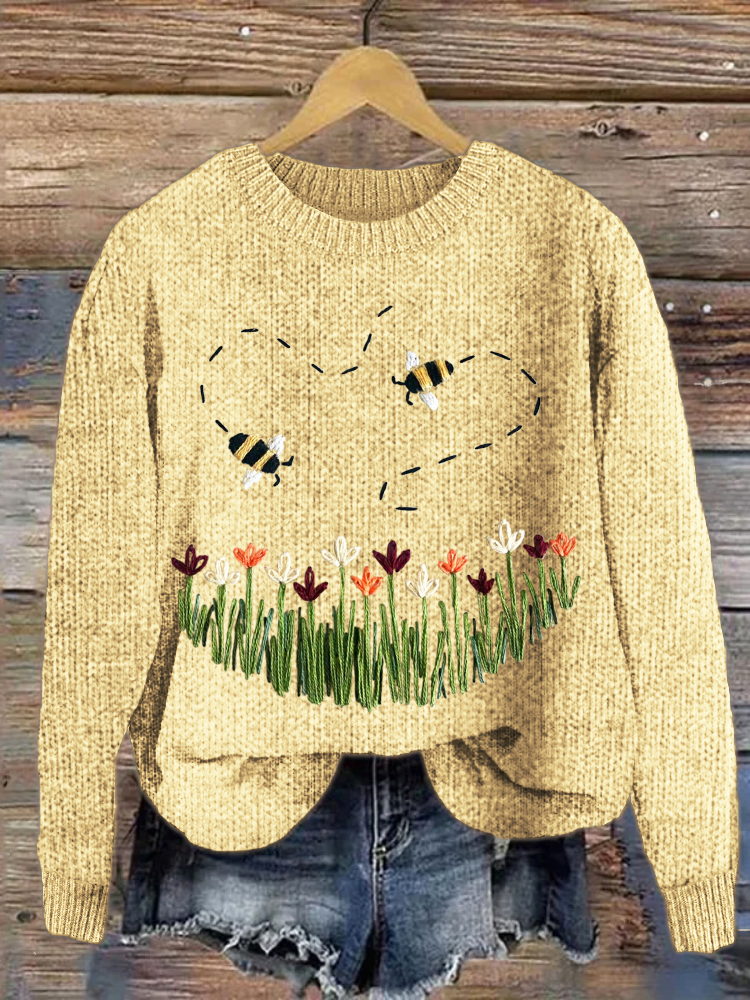 Floral & Bee Embroidery Pattern Cozy Knit Sweater