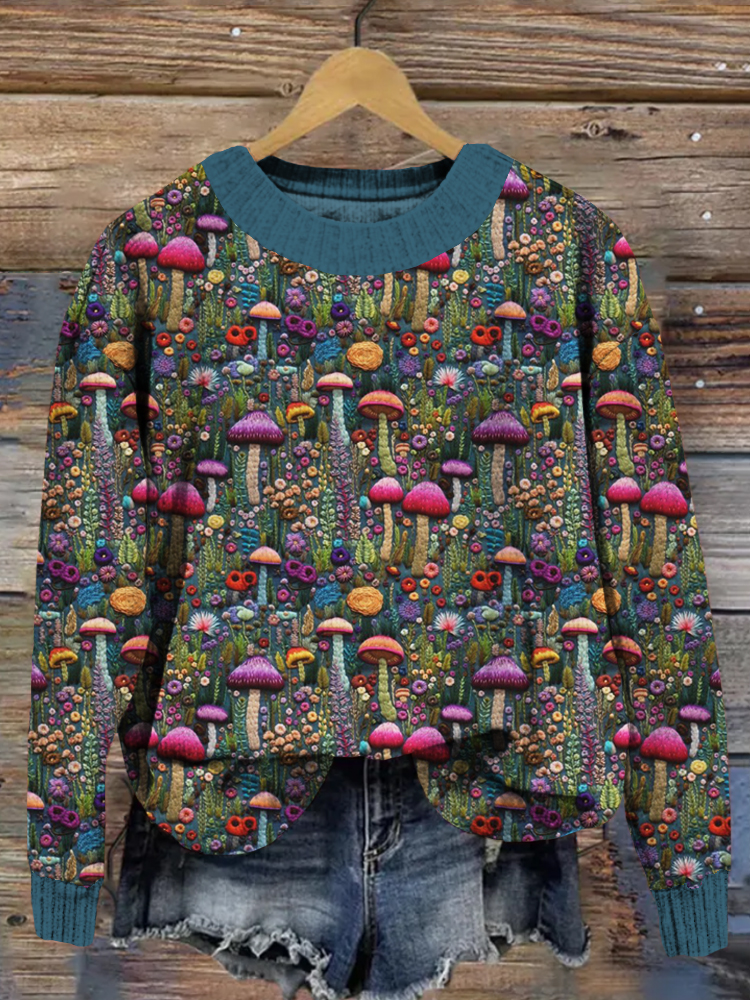 Cute Mushrooms Embroidered Cozy Knit Sweater