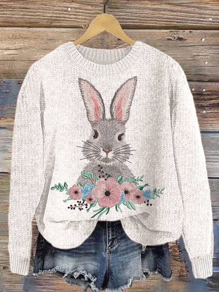Bunny & Flower Embroidery Art Cozy knit Sweater