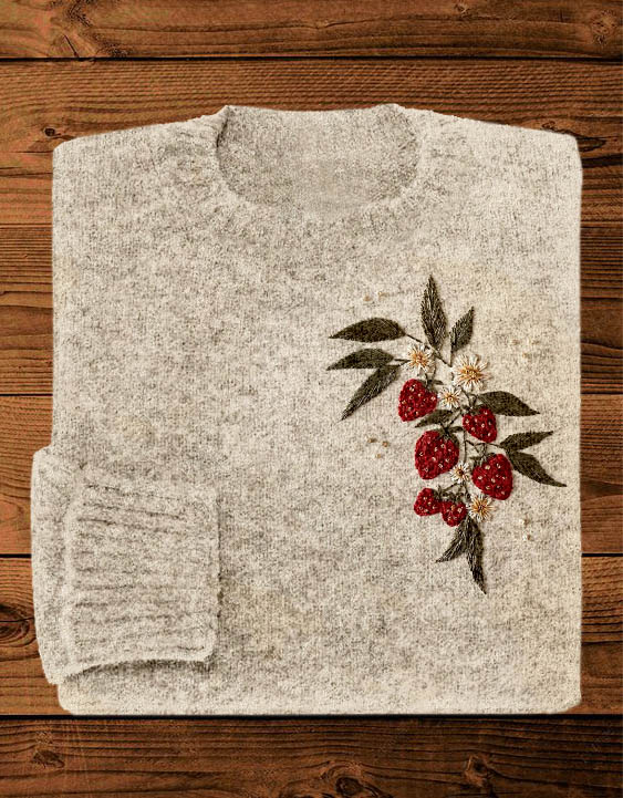 Cute Strawberry Embroidery Art Cozy Knit Sweater