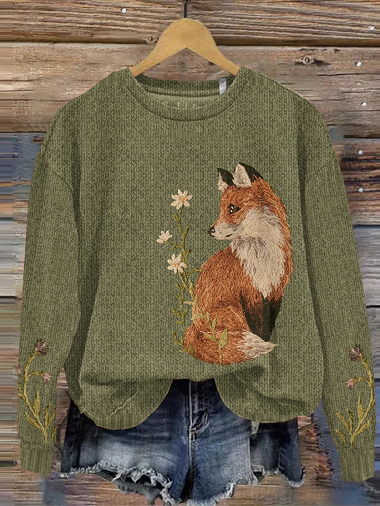 Women's Fox Print Round Neck Casual Sweatshirt