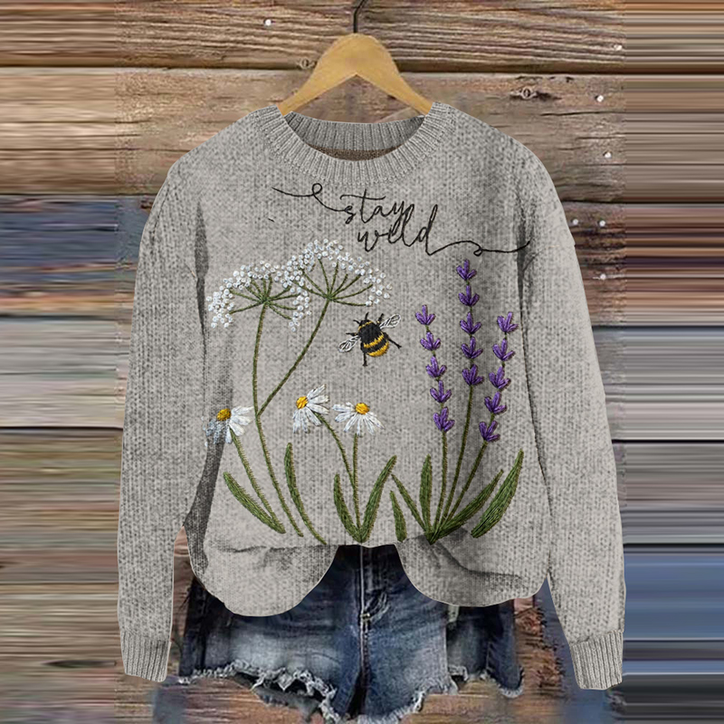 Beginners Embroidery Bees And Flowers Embroidery Pattern Knit Art Cozy Crew Neck Sweater