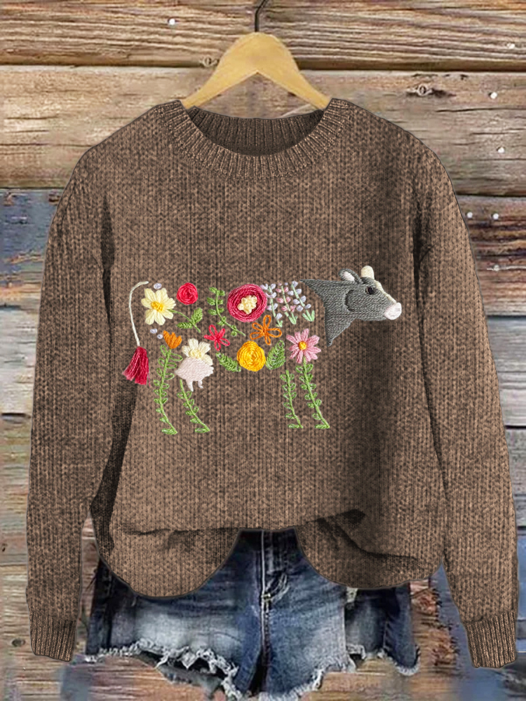 Floral Farm Cow Embroidery Casual Knit Sweater