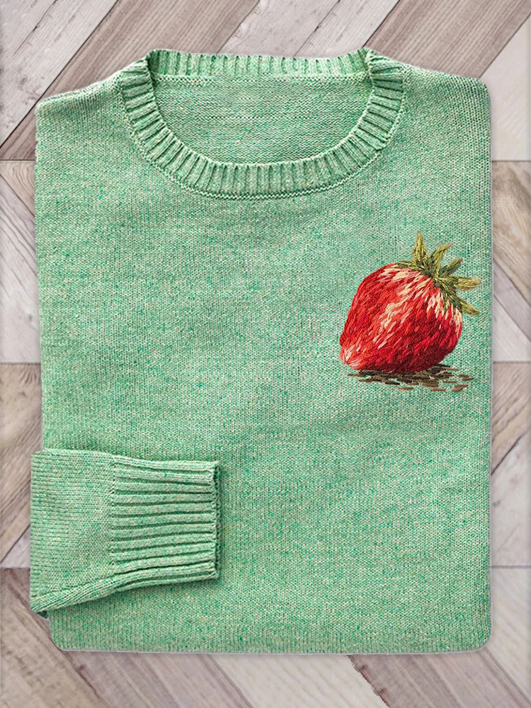 Strawberry Embroidery Cozy Knit Sweater