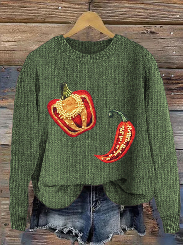 Chili Pepper Pattern Cozy Crew Neck Sweater