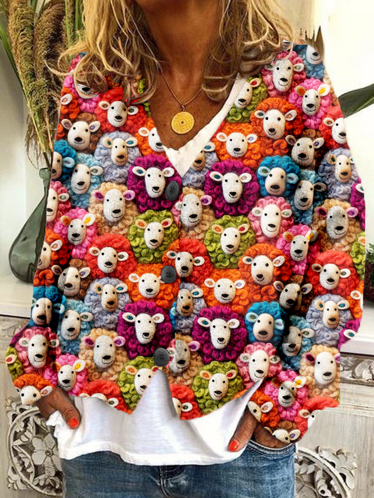 Colorful Sheep Embroidery Art Cozy Knit Cardigan