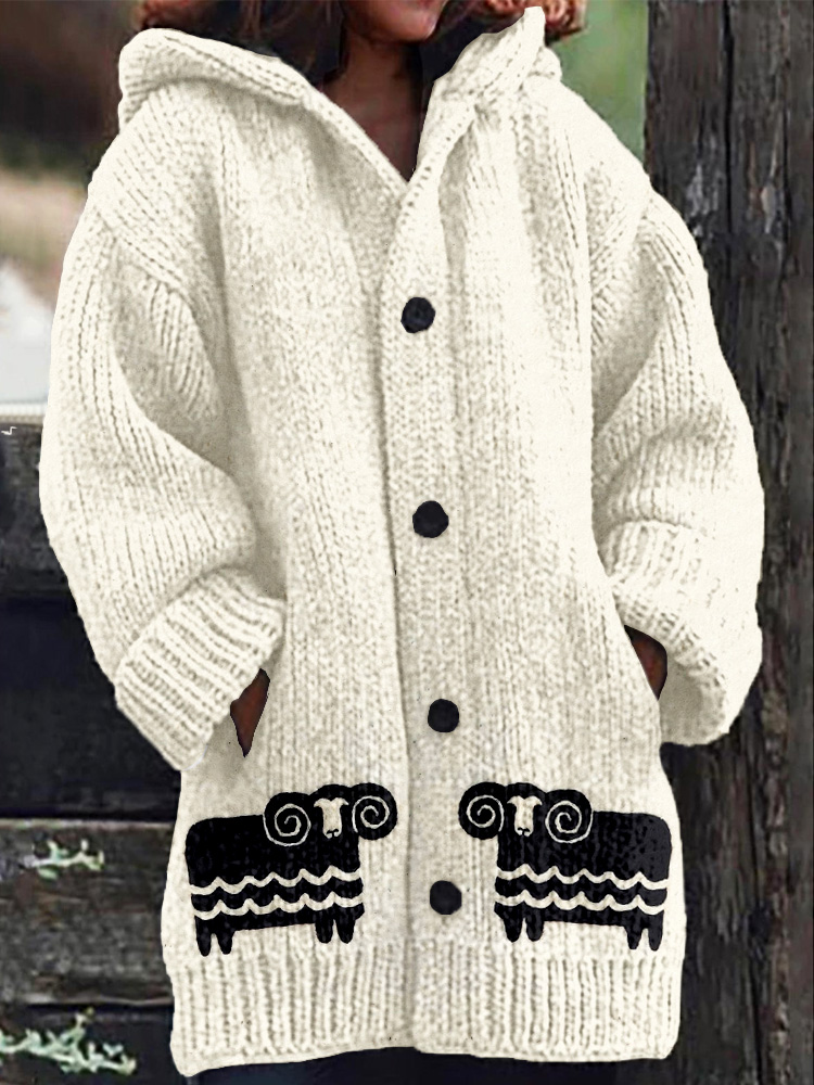 Cute Black Sheep Art Pattern Cozy Hooded Cardigan