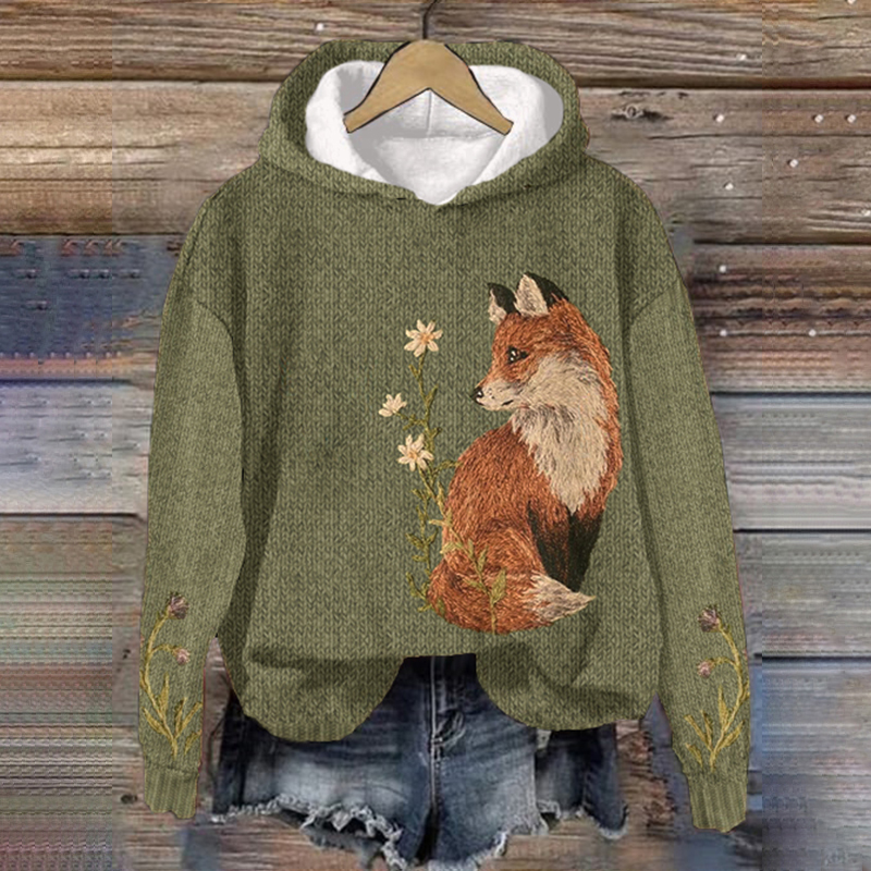 Women's Fox Print Hooded Collar Casual Hoodie