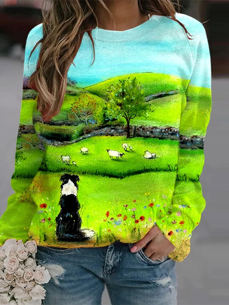 Women'S Collie And Sheep Print Casual Sweatshirt
