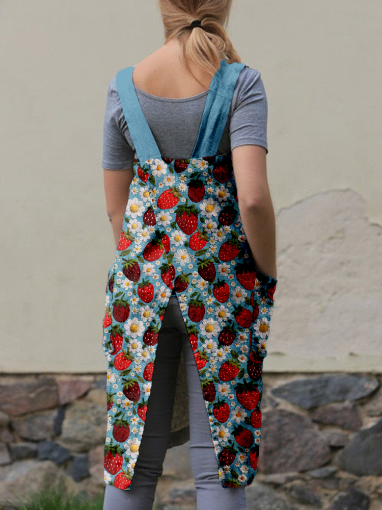 Felt Strawberries and Flowers Embroidered Cross Back Apron