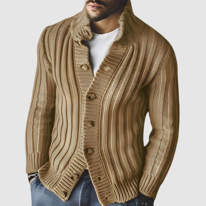 Men's Stand Collar Casual Striped Knit Cardigan
