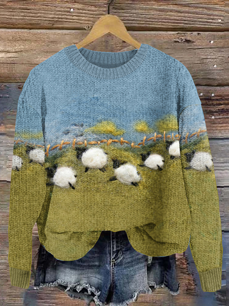 Funny Running Sheep Wool Felt Cozy Knit Sweater