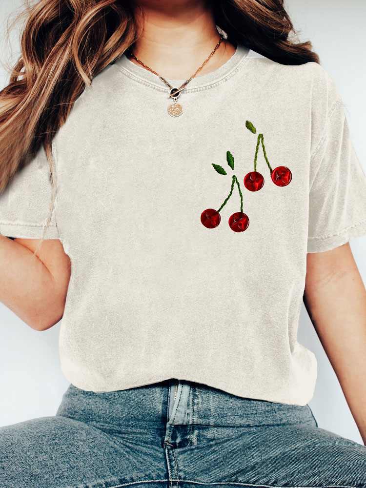 Cherries Embroidery Art Vintage Washed T Shirt