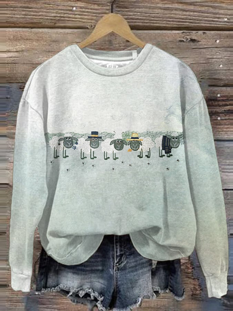 Farm Sheep Print Round Neck Sweatshirt