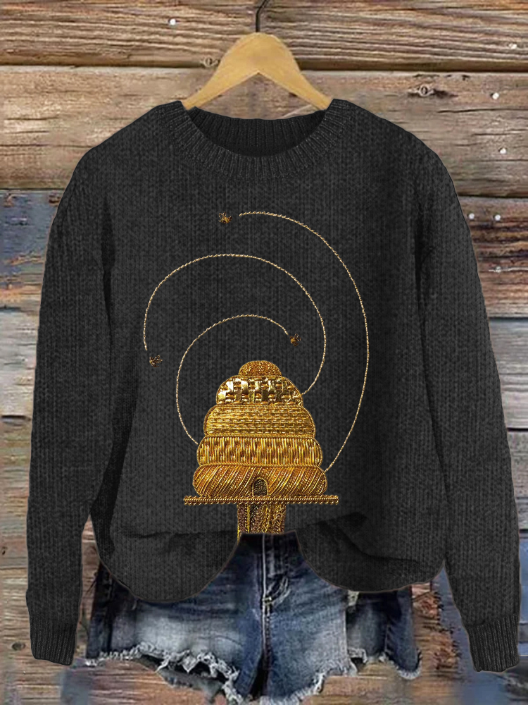 Gold Thread Honeycomb Embroidery Cozy Knit Sweater