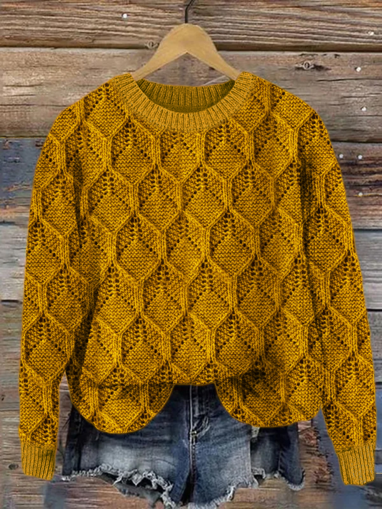 Bee Honeycomb Inspired Jacquard Cozy Sweater