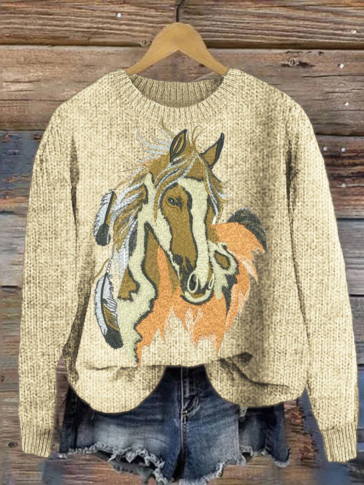 Western Horse Print Cozy Knit Sweater