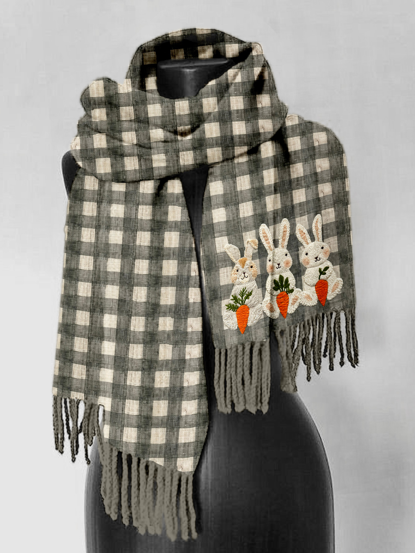 Checkered Easter Bunnies and Carrots Comfy Tassel Scarf
