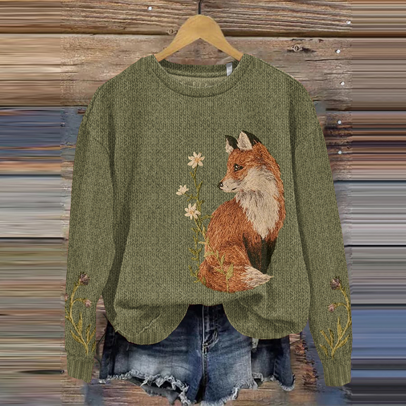 Women's Fox Print Round Neck Casual Sweatshirt