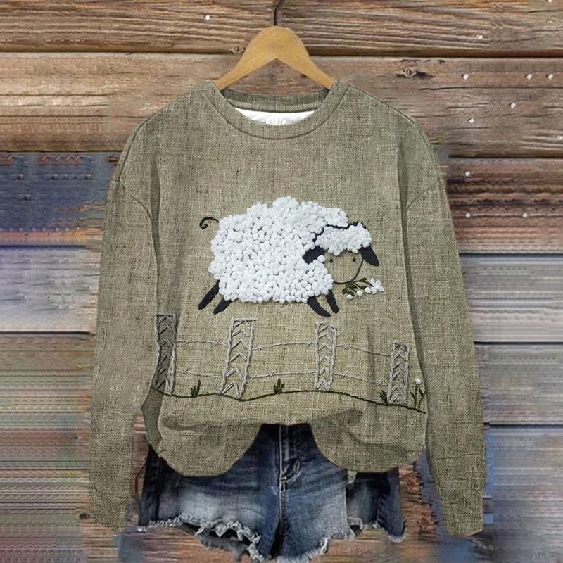 Women's Vintage Sheep Print Sweatshirt