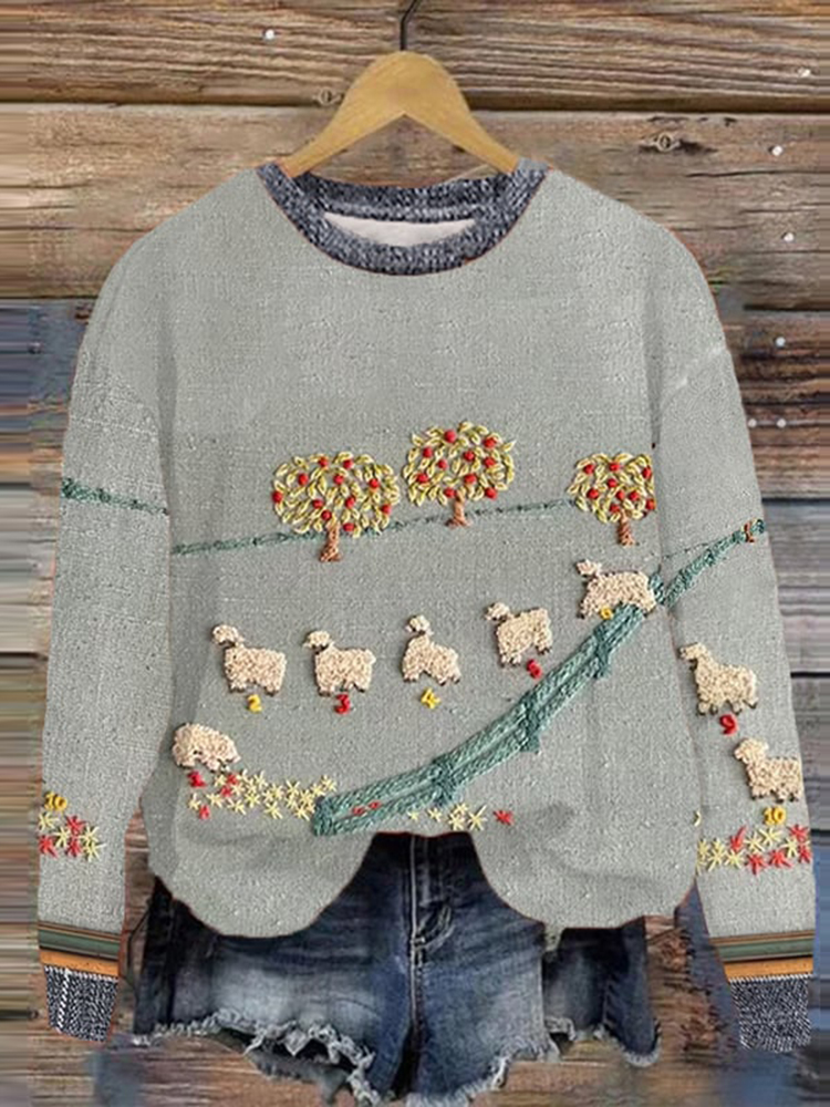 Vintage Counting Sheep Print Casual Sweatshirt
