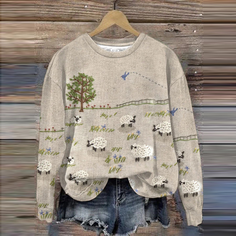Women's Sheep Farm Landscape Embroidery Cozy Print Sweatshirt