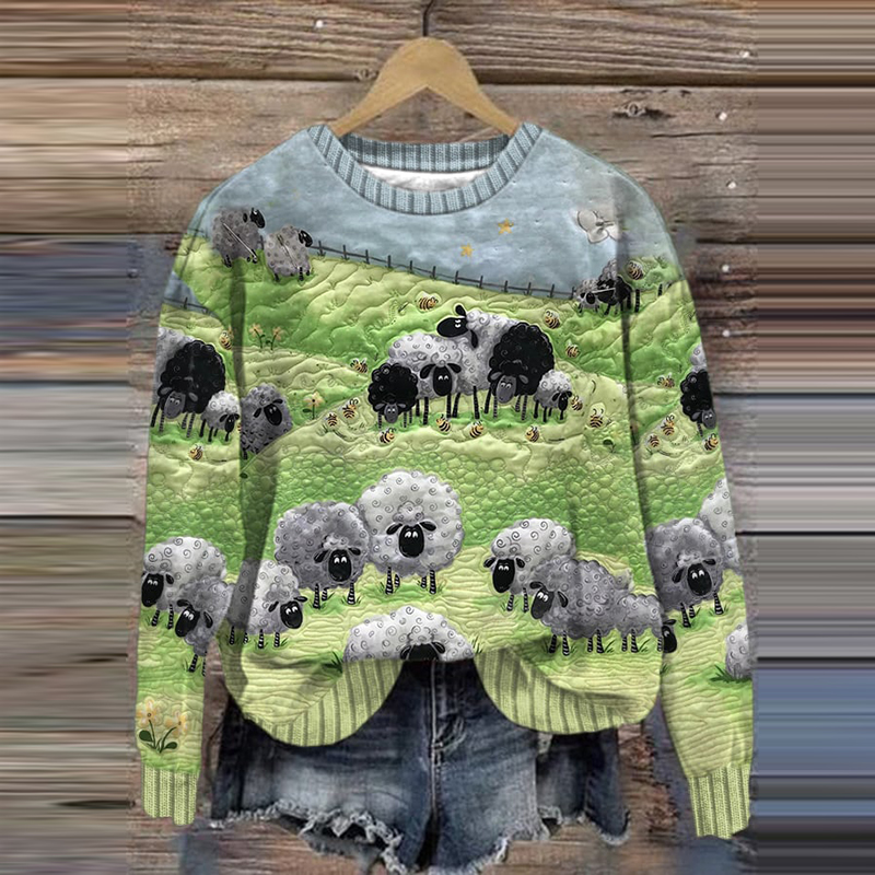 Sheep Print Crew Neck Long Sleeve Sweatshirt