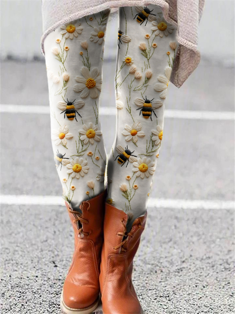 Daisy Bee Embroidery Art Print Casual Leggings