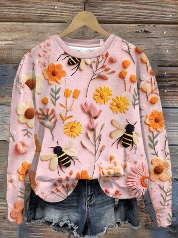 Flower Bee Printed Round Neck Sweatshirt