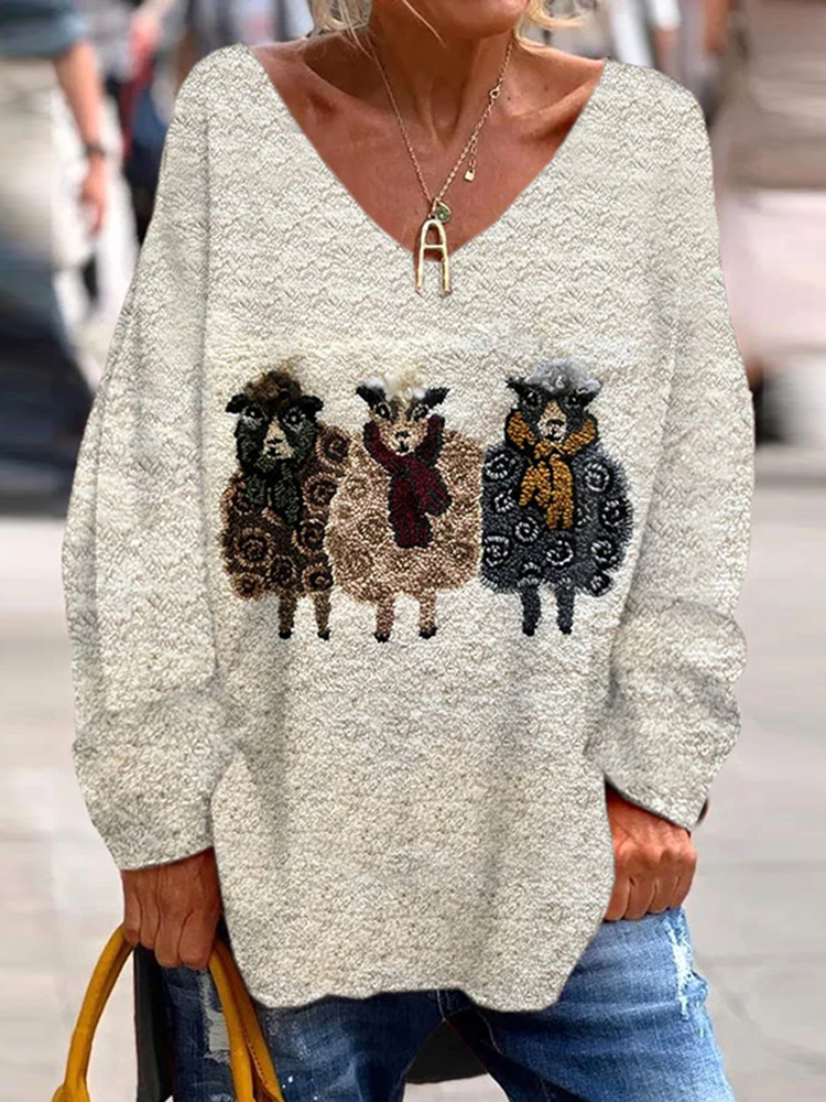 Women's Cute Plush Sheep Pattern Print Casual V-Neck Loose T-Shirt