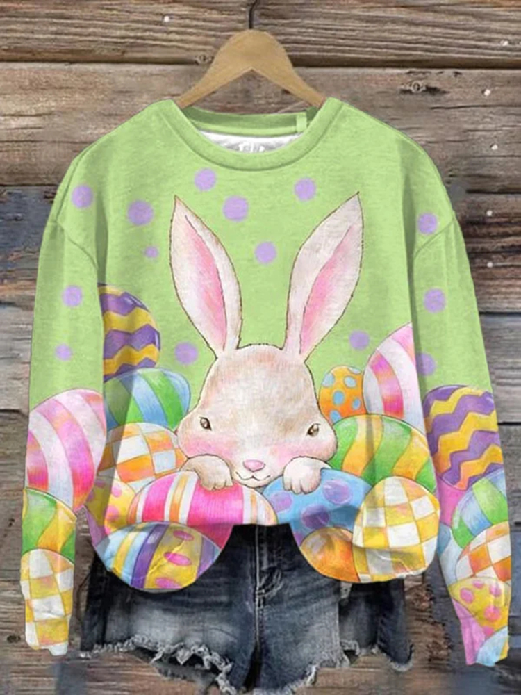 Women's Easter Bunny Egg Print Round Neck Sweatshirt