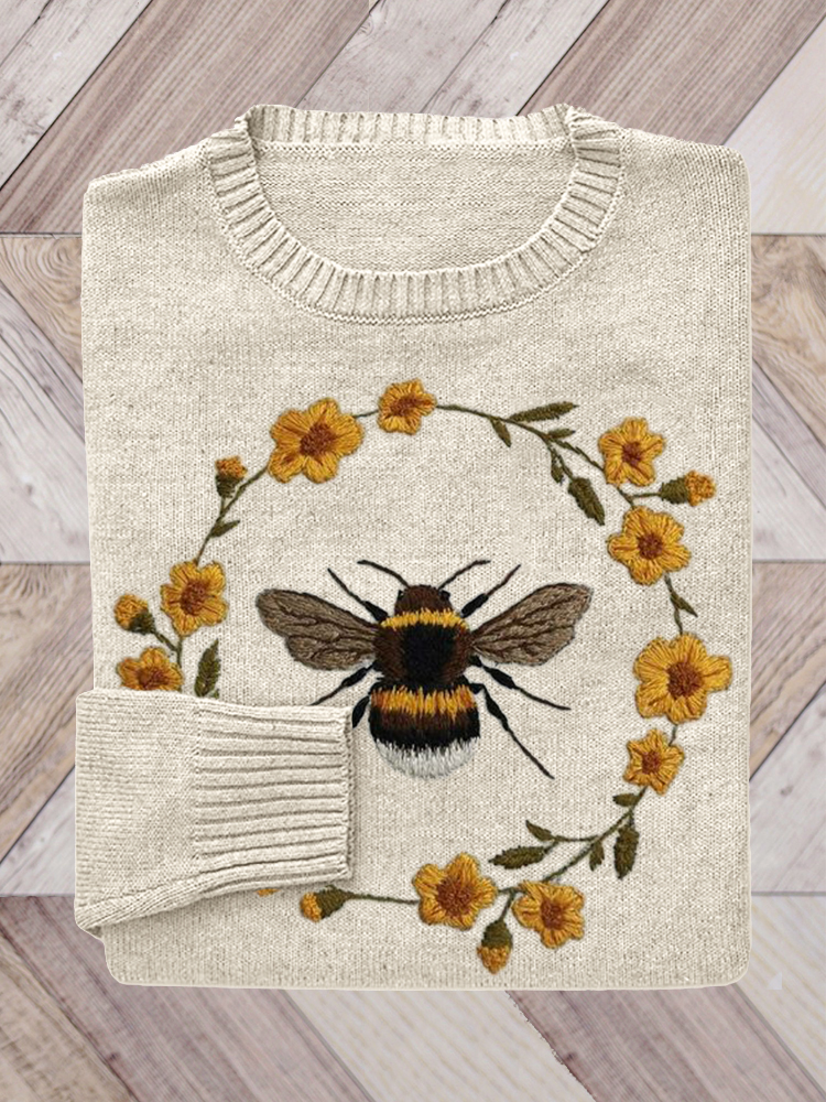 Bee & Floral Embroidery Art Knit Sweater