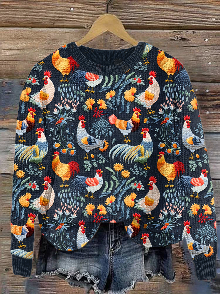 Chicken & Floral Embroidery Art Cozy Knit Sweater