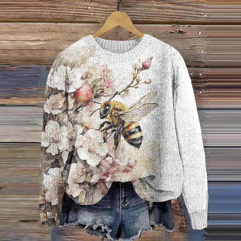 Bee Flower Print Knitted Sweater