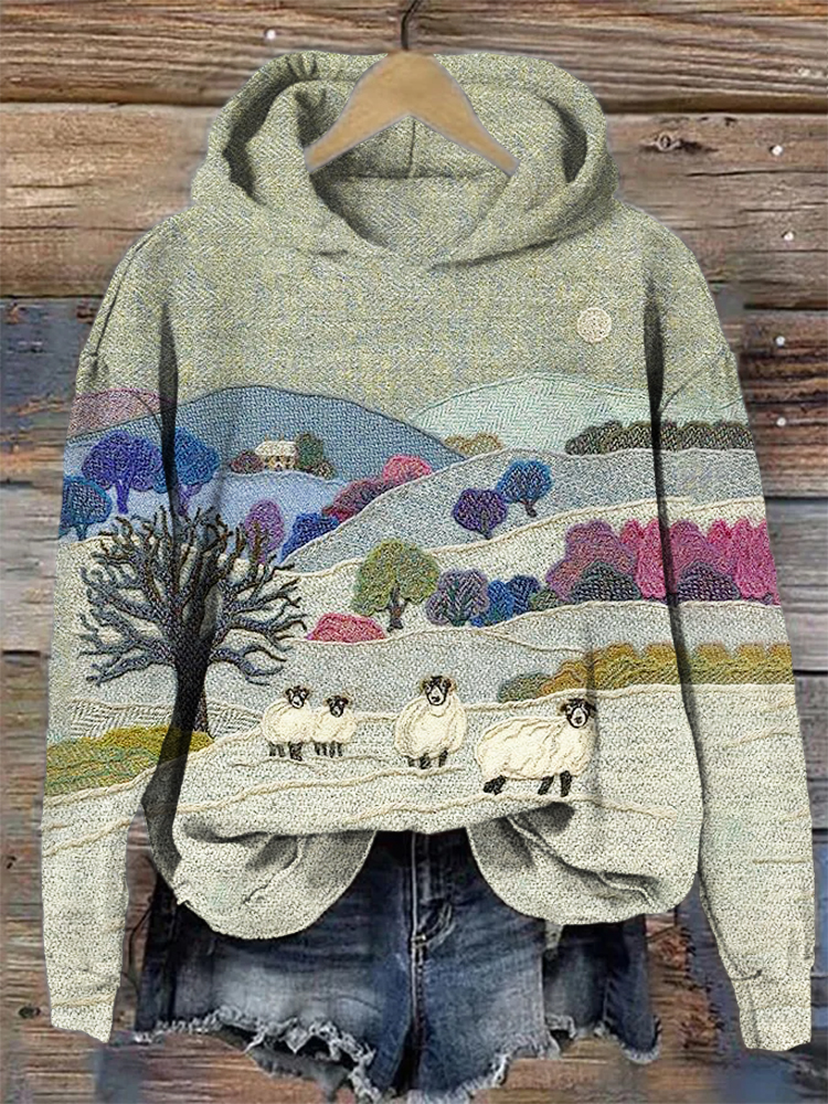 Field & Sheep Pattern Hooded Sweatshirt