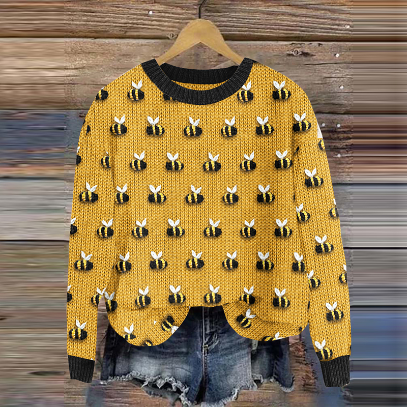 Bee Print Contrast Crew Neck Knitted Sweater