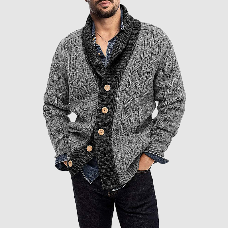 Autumn and winter new men's cardigan spell color long sleeve lapel knit sweater male