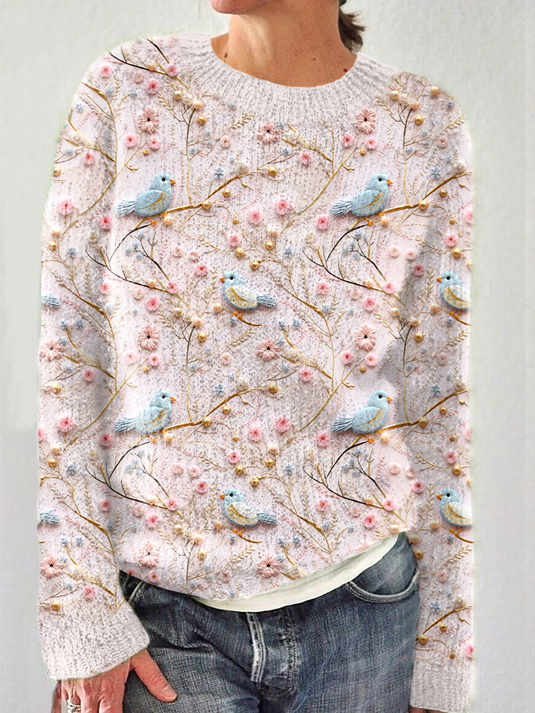 Birds & Flowers Embroidery Art Casual Cozy Knit Sweater